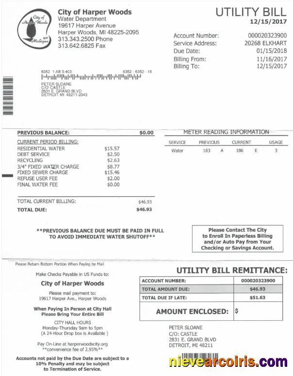 USA CITY OF HARPER WOODS utility bill